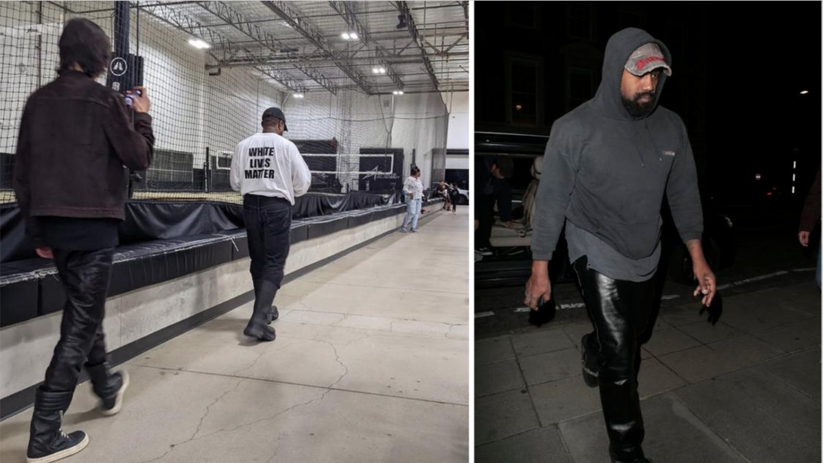 Kanye West bärandes tröjan med texten ''White Lives Matter'' på sin dotter Norths basketboll match. I högra bilden lämnar han Burberrys efterfest för deras vår kollektion 2023. 
